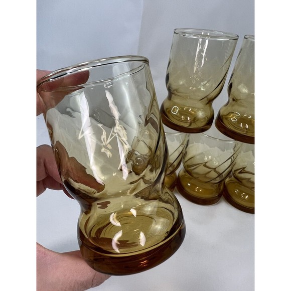 7 Of Vtg 70S Libbey Amber Drinking Glasses‎ MCM Swirled Ringed Bottom 8 Oz Glass - Picture 3 of 6